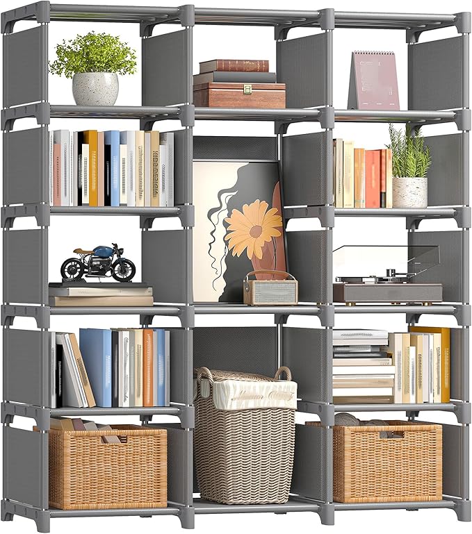 REIBII Book Shelf, 13 Cube Storage Organizer, DIY Bookcase for Bedroom, Office, Living Room, Closet, 12" D x 47.24" W x 59.05" H, Grey