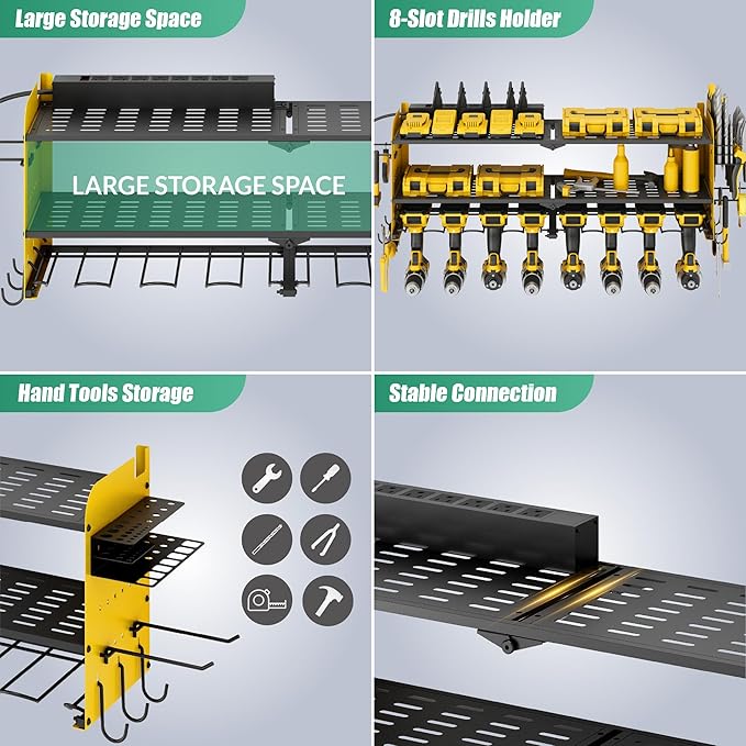 Suchtale Power Tool Organizer Wall Mount,Drill Organizer,33.2" Garage Storage,8 Drill Holders,3 Layers Heavy Duty Metal Shelf with 8 Outlets Power Strip, Gifts for Dad,Husband,Yellow