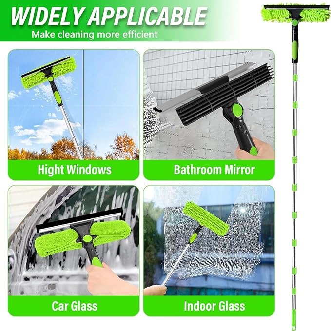 4.5M/14.7ft Window Cleaning Squeegee Tools, 3-in-1 Window Washing Kit with 10 Extension Pole, 2 Microfiber Cloth Brush & Squeegee, Telescopic Window Cleaner Tool for High Window, Car Glass