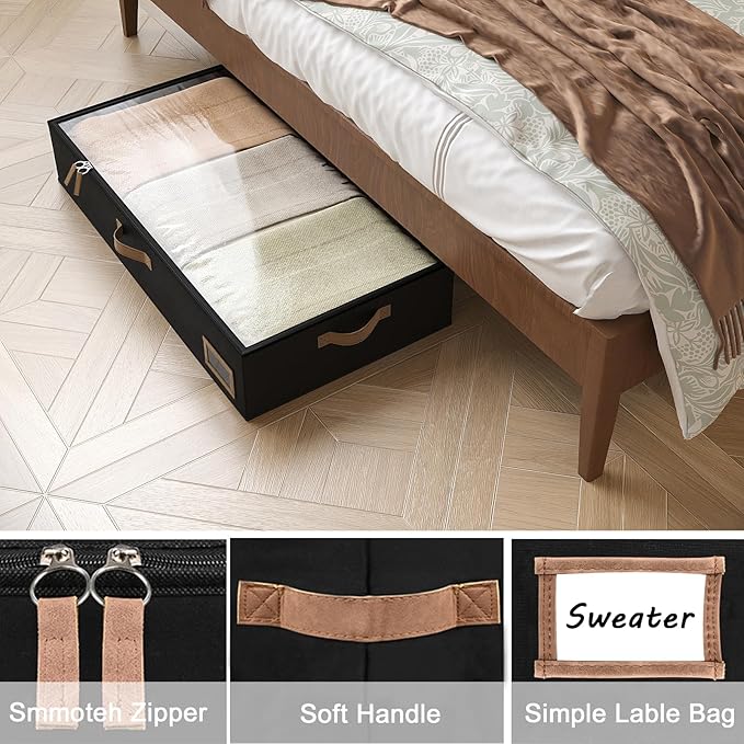 Under Bed Storage, Under Bed Storage Containers Bins for Clothes, Large Linen Underbed Closet Organization Bins, 2 Pack Collapsible Underbed Bin Dorm for Clothes, Sweater, Black