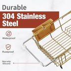 JASIWAY Gold in Sink Dish Drying Rack, Expandable Stainless Steel Small Dish Rack Over Kitchen Sink, Plate Drainer Strainer with Cutlery Holder & Cup Holders, Counter Space Saving Wire Dryer Rack