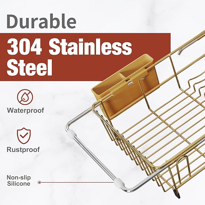 JASIWAY Gold in Sink Dish Drying Rack, Expandable Stainless Steel Small Dish Rack Over Kitchen Sink, Plate Drainer Strainer with Cutlery Holder & Cup Holders, Counter Space Saving Wire Dryer Rack