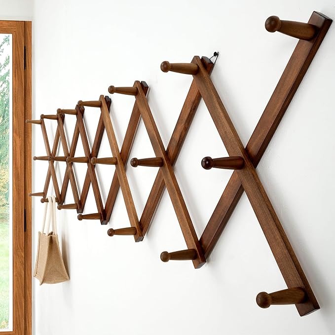 Dseap Accordian Wall Hanger: 16” High Wooden Wall Expandable Coat Rack, Hat Rack Holder, Accordion Hook for Baseball Caps, Coats, Mugs, 20 Peg Hooks, Brown