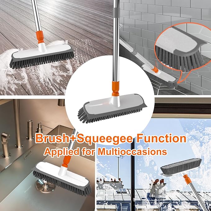 Floor Scrub Brush with Long Handle, Stiff Bristles Deck Brush, BITOPE Multi-Purpose Heavy Duty Hardwood Floor Scrubber, Cleaning Concrete Balcony Patio Garage Outdoor/Indoor