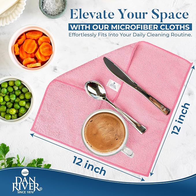 DAN RIVER 12-Pack Pink Microfiber Towels – Ultra Absorbent, Lint-Free & Streak-Free Kitchen Cleaning Cloths for Home, Car & Kitchen - Must-Have Cleaning Essentials - 12" x 12"