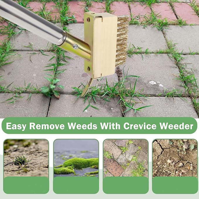 Crack Weeder, Moss Remover Tool, Manual Crevice Weeding Tool, Weed Puller Grout Brush with 67-inch Long Handle for Deck, Paver, Patio, Walkway, Driveway - 2 Weed Brush Heads