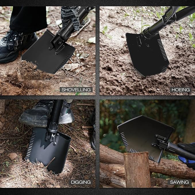 REDCAMP 23" Survival Folding Camping Shovel w/Cover, Manganese Steel Heavy Duty Tactical Shovel with Tri-Fold Handle for Hiking, Beach, Snow, Sand, Mud, Portable Black, 3Lbs