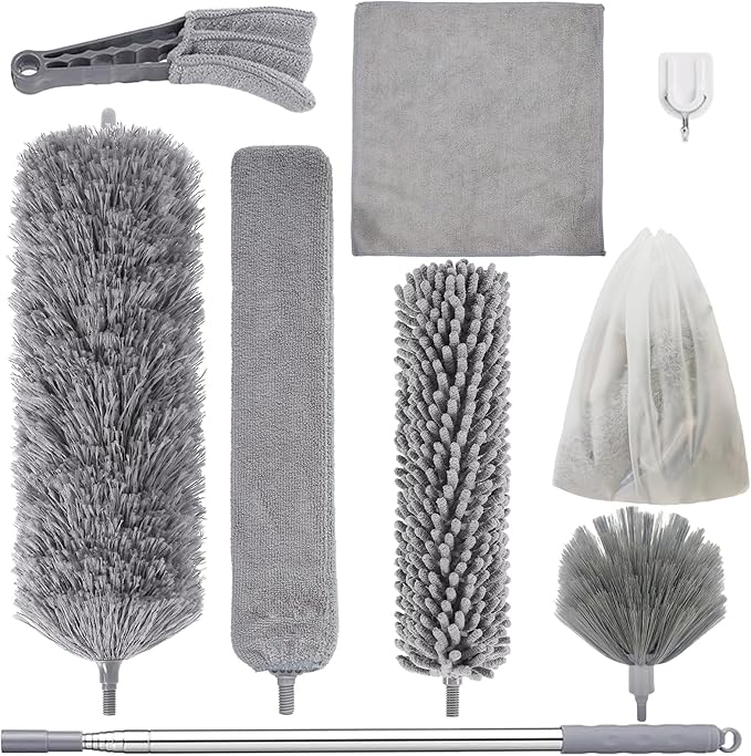Dusters for Cleaning, 9 in 1 Kit 100” Feather Duster with Extension Pole, Retractable Bendable Washable, Cobweb Duster Chenille Gap Dust Brush Blind Duster for Cleaning High Ceiling Fans Furniture