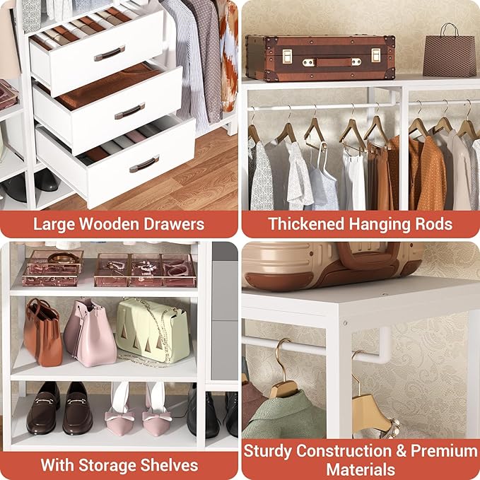 Aheaplus Wood Clothes Rack Wardrobe Closets for Hanging Clothes Heavy Duty Garment Rack, Large Corner L Shaped Closet System Organizer Walk-in Closet for Bedroom with 3 Wood Drawers, Pure White