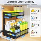 Under Sink Organizer, 2 Tier Pull Out Under Cabinet Organizer Shelf with Pad for Framed Cabinets, Metal Slide Out Under Sink Storage, Mesh Sliding Drawers for Kitchen Bathroom Laundry(Black, 1 Pack)