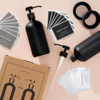 16oz Glass Soap Dispenser with Stainless Steel Pump, 21 Waterproof Labels, Non-Slip Protective Silicone Pad, Set of 2 for Bathroom & Kitchen (Matte Black Bottle/Black Pump)