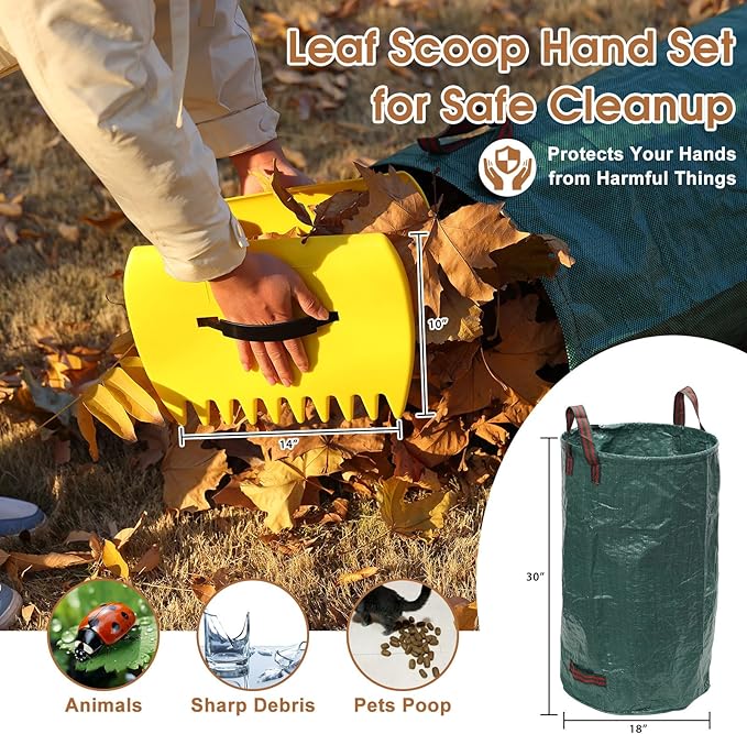 Leaf Rake 18” Wide Heavy Duty Metal 25 Tines Garden Rake Set with 30-75” Adjustable Long Handle for Yard Grass Shrub Mulch Including 32Gallon Garden Bag Leaf Scoops