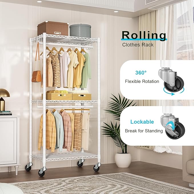 P3 Mini Rolling Clothes Rack, Clothing Racks for Hanging Clothes, Heavy Duty Garment Rack, Freestanding Portable Closet Rack 23.6'' W x 14'' D x 78.5'' H, Max Load 430 Lbs, White