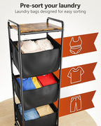 Moforoco Vertical Laundry Sorter 3 Section with Shelf, Laundry Hamper with Removable Bag, 120 L Laundry Baskets organizer for Bathroom, Apartment, Dorm Room, Black