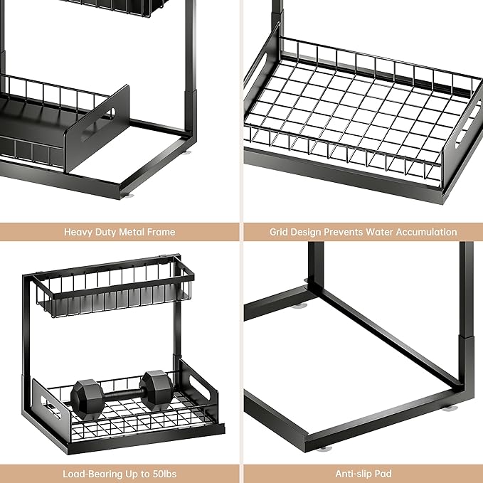 VUSIGN Under Sink Organizers Storage, 2 Tier Under Cabinet Organizer Shelf, Pull Out Kitchen Bathroom Sink Organizer Storage Organization, 2 Pack Black