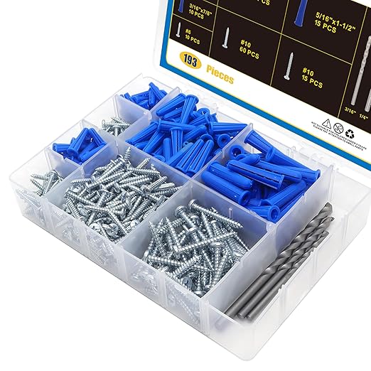 Easily 190 Pcs Wall Anchors and Screws for Drywall, Conical Concrete Wall Anchors and Screws Assortment Kit, Blue Conical Anchor and Self Tapping Screw with 3 Pcs Masonry Drill Bits, Four Sizes