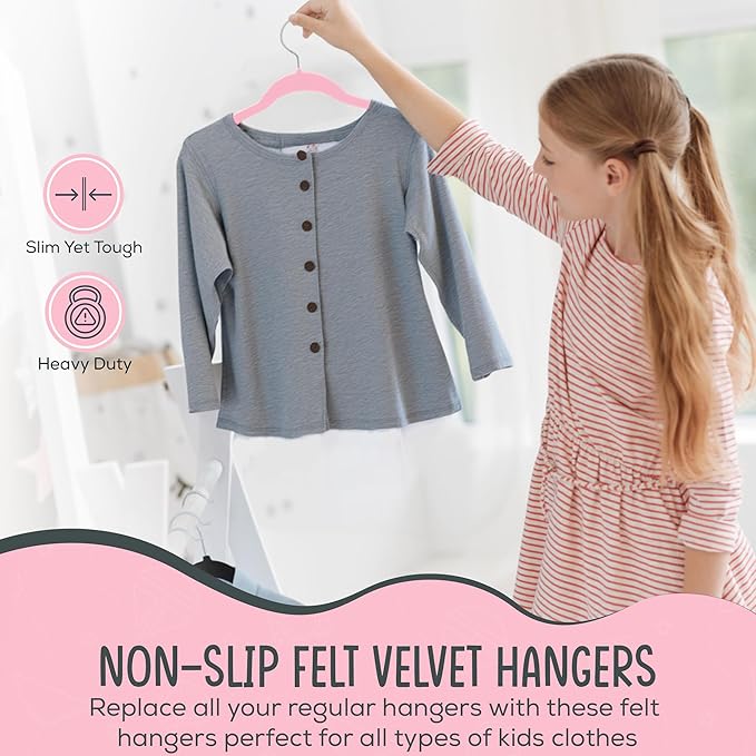 TechZoo 50 Premium Kids Velvet Hangers - 14" Non-Slip Clothes Hangers for Kids & Preteens - Ultra Slim, Space-Saving, Strong & Durable Hangers with 360° Swivel Hook - Pink