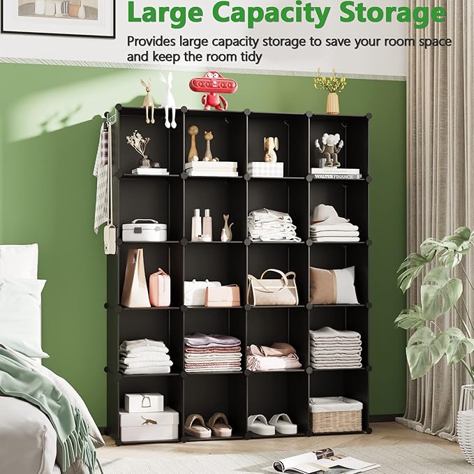 C&AHOME Cube Storage Organizer, 20-Cube Shelves Units, Closet Cabinet, DIY Plastic Modular Book Shelf, Ideal for Bedroom, Living Room, Office, 48.4" L x 12.4" W x 60.6" H Black UPCS20H