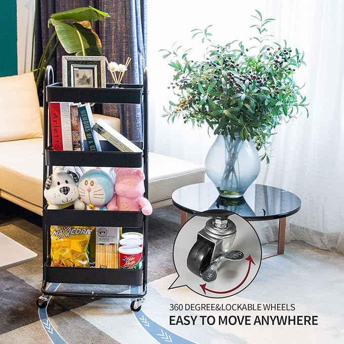 elabo 4-Tier Metal Mesh Utility Rolling Cart, Storage Organizer Trolley Services Cart with Lockable Wheels for Kitchen, Bathroom, Living Room (Black)