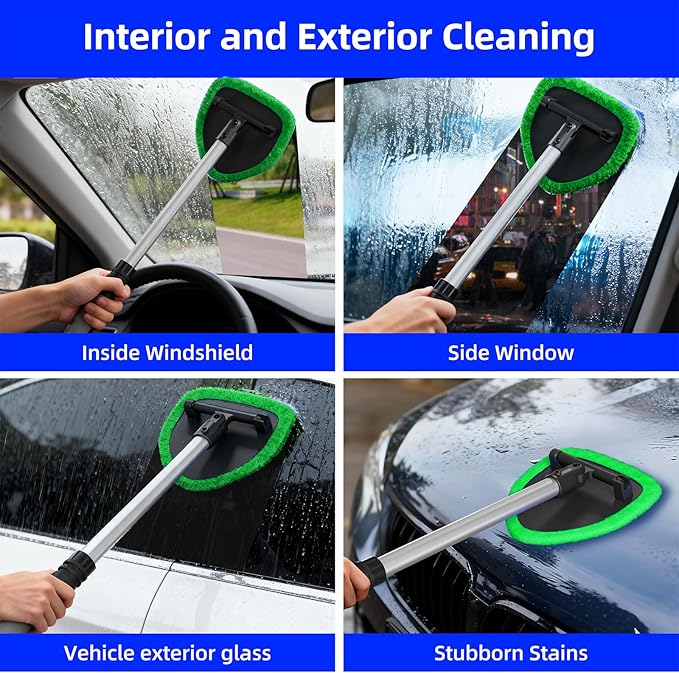 desin Windshield Cleaning Tool, Car Window Cleaner Windshield Cleaner with 4 Reusable and Washable Microfiber Pads and Extendable Handle Auto Inside Glass Wiper Kit (Green)