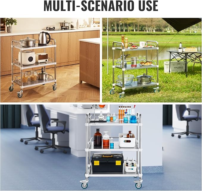 VEVOR Lab Rolling Cart, 3-Shelf Stainless Steel Rolling Cart, Lab Serving Cart with Swivel Casters, Dental Utility Cart for Clinic, Lab, Hospital, Salon, 26.38"x15.55"x34.13"