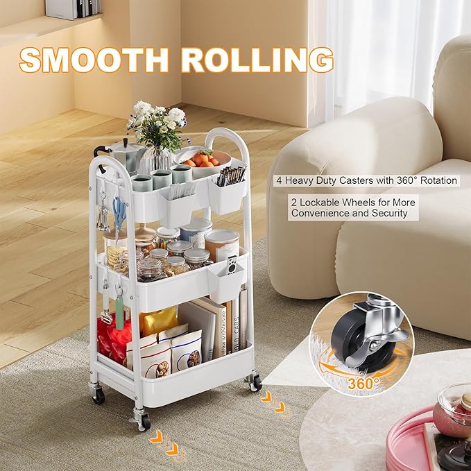 3 Tier Rolling Cart Metal with Wheels, Heavy Duty White Three Tiered Craft Cart Organizer on Wheels, Utility Roller Storage Carts for Art, Baby Nursery, Diaper Caddy, Snack,Book,Nail,Cleaning Supplies