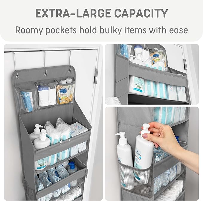 Heavy Duty Over The Door Organizer Hanging Storage – 6-Tier Behind The Door Storage with 5 Large, 6 Side & 3 PVC Pockets – 50 lbs Hanging Organizer for Closet, Nursery, Bathroom – 1 Pack, Gray