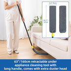 Qaestfy Under Appliance Cleaning Tool with Long Handle, 2 Reusable Microfiber Pads, 5 Disposable Dusting Cloths, Retractable Flat Gap Duster (30-63”) for Behind Fridge, Washer, Bed, Furniture