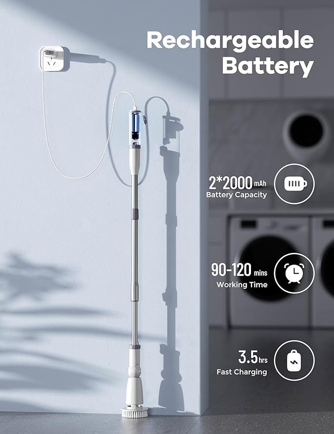 Electric Spin Scrubber,Floor Shower Scrubber with Long Handle Power Scrubber Dual Speeds,Cleaning Brush Cordless Scrub Brush with 3 Adjustable Angles,8 Brush Heads for Bathroom,Tile