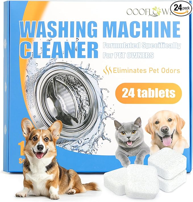 24PC Washing Machine Cleaner Tablets, Formulated for Pet Owners, Pet Hair Remover, Deodorizer, Work with Top & Front Load, HE, Deep Cleaning Descaler, Removes Residue and Odors, Septic Safe