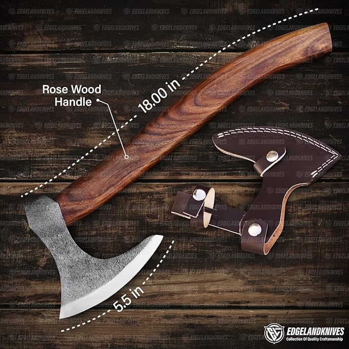 Bearded Viking Axe With Sheath - 16 Inches, Heavy Duty Damascus Head With Durable Rose Wood Handle for Men (EL20)