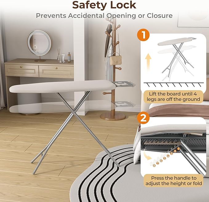 Yaheetech Foldable Ironing Board, Heavy Duty Iron Board with 9 Adjustable Heights, 4 Layer Cover and Safety Iron Rest, 52X14 Compact and Space Save Iron Board for Home Laundry Room Use, Beige