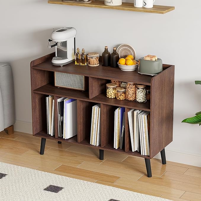 ChooChoo Record Player Stand, Turntable Stand with Vinyl Storage, Record Player Cabinet Up to 350 Albums, Cube Storage Organizer for Living Room, Walnut