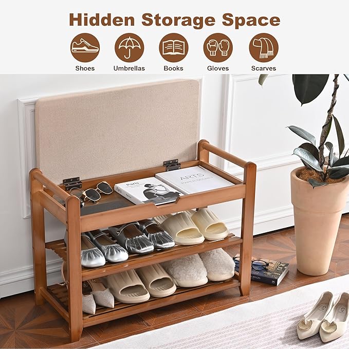 Shoe Storage Bench with Coat Rack, 27.6in Hall Tree Shoe Rack, 3-Tier Bamboo Entryway Bench Holds Up to 330lb for Bedroom Hallyway
