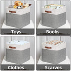 HNZIGE Foldable Storage Cubes Baskets Set(4 Pack) Fabric Bins for Shelves,13 Inch Storage Basket for Organizing with Leather Handles for Home, Toys, Clothes, Kids Room, Closet Storage(White&Gray)