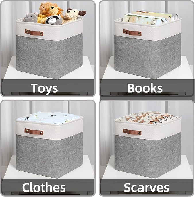 HNZIGE Foldable Storage Cubes Baskets Set(4 Pack) Fabric Bins for Shelves,13 Inch Storage Basket for Organizing with Leather Handles for Home, Toys, Clothes, Kids Room, Closet Storage(White&Gray)