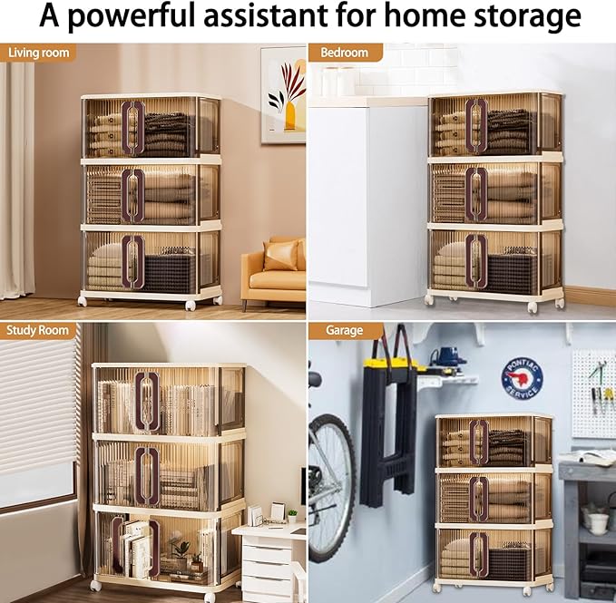 217Qt Plastic Storage Bins with Lid, Stackable Storage Bins with Wheels & Sliding Door, Collapsible Storage Box for Closet Organizers and Storage Box for Home and Office, Coffee, 4 Pack