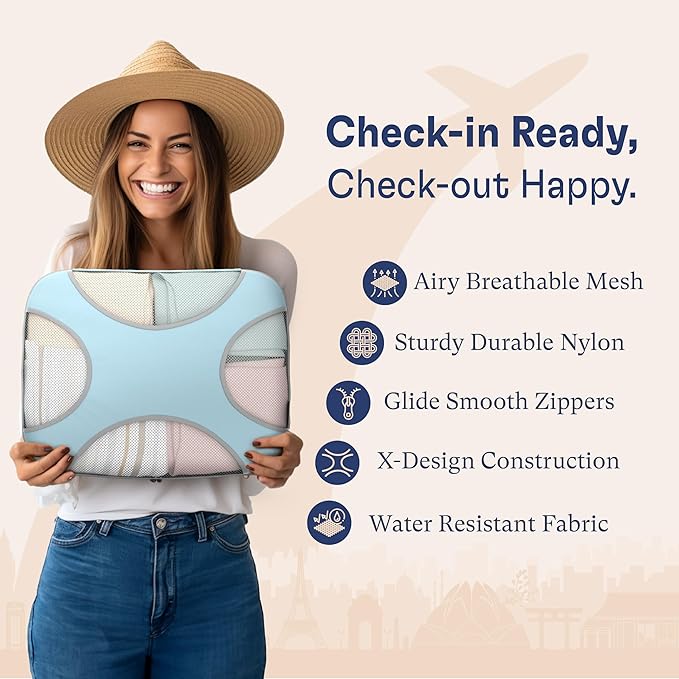 Shacke Premium 8 Packing Cubes Set - Lightweight Mesh Travel Luggage Organizers with Laundry Bag, 8-Piece Suitcase Storage System (Sky Blue)