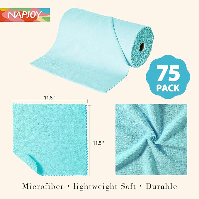 Napjoy Microfiber Cleaning Cloth Roll, 75PK Easy Tear Away Reusable Paper Towels, 12" x 12", Ultra Soft Micro Fiber Dish Cloths for Kitchen, Housekeeping, Window, Car, Garden, Bathroom, Blue