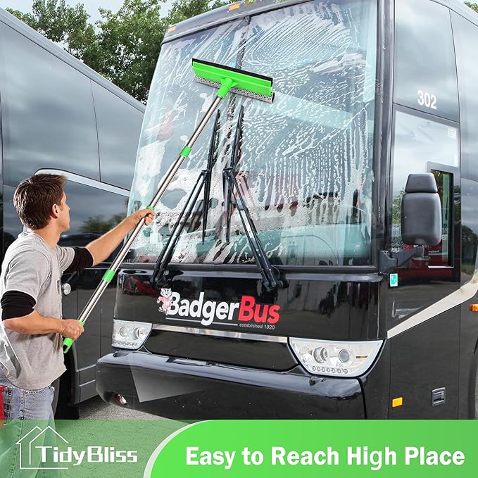 Window Squeegee Professional, 56” Car Windshield Glass Cleaner Tool with Extension Pole, Long Handle Household 10 inches Washer Sponge Scrubber Kit for Cleaning Home Mirror Outdoor (Green)