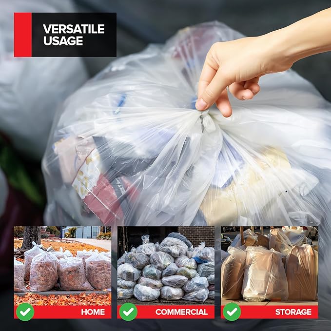 Stock Your Home 55-60 Gallon Clear Trash Bags (150 Pack) – Disposable Leak-Resistant Garbage Can Liners for Office, Bathroom, Deli, Produce, Dog Poop, Cat Litter