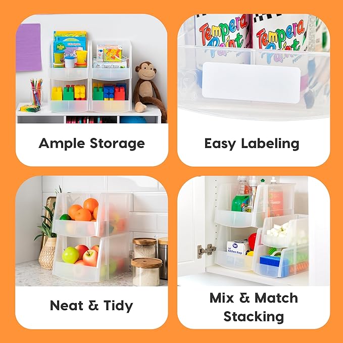 IRIS USA Clear Plastic Stackable Storage Bins, X Large- 4 Pack, Open Front Fridge Pantry Kitchen Closet Cabinet Bathroom Organizer Basket for Organizing Snack, Cans, Office Supplies, and Coffee Pods