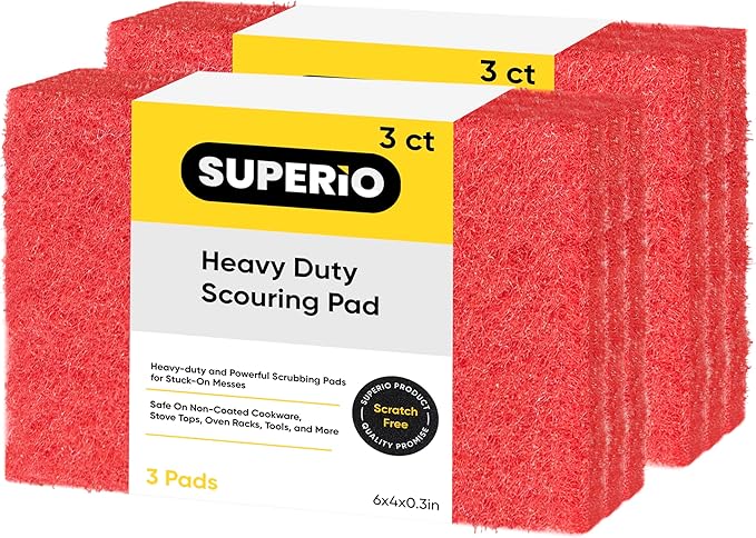 Scouring Pad Non-Scratching Scrubber Non-Scratch Cleaning Scrub Pads Heavy Duty Scouring Pad Reusable Kitchen Scrubbing Pad Pack of 6 Red, by Superio