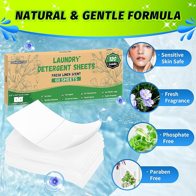 HOMERHYME Laundry Detergent Sheets - Fresh Linen 120 Loads Laundry Sheets Detergent, Bulk Travel Laundry Detergent Eco Friendly & Hypoallergenic Natural Detergent Sheets Strips Laundry Soap Sheets