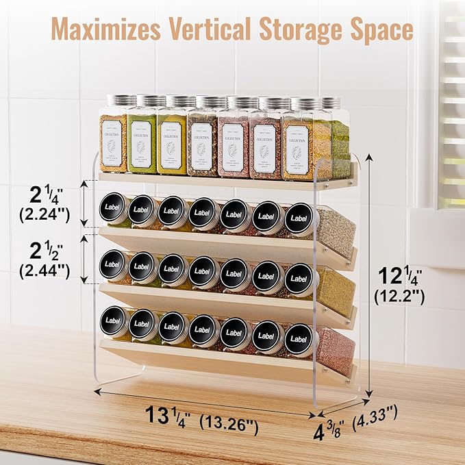 MUDEELA Clear Spice Rack Organizer for Cabinet, 4 Tiered Vertical Spice Shelf, Wooden Seasoning Organizer for Countertop, Kitchen, Pantry, Freestanding, 13.3" W × 11.2" H (No Jars Included)