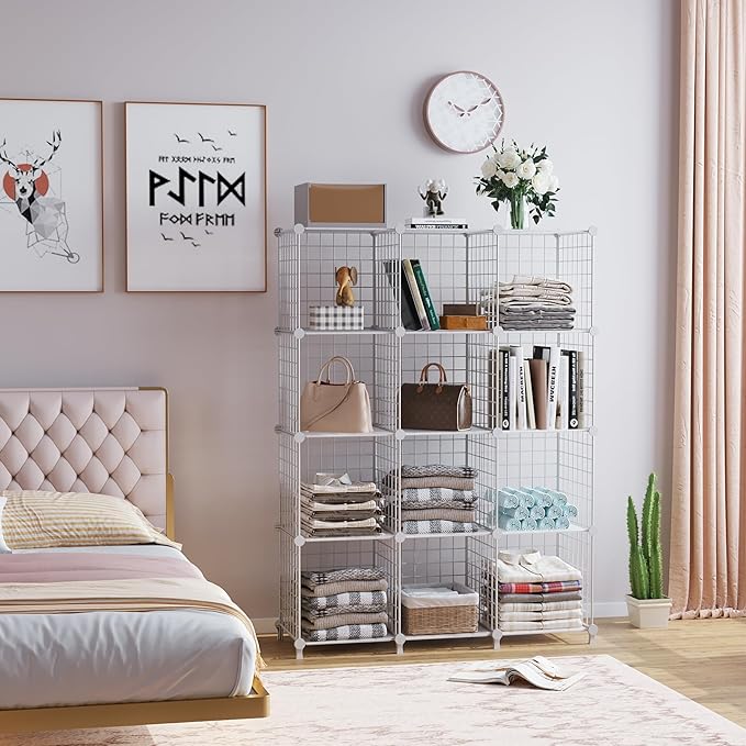 AWTATOS 12 Cube Storage Wire Closet Organizers DIY Stackable Storage Shelves Bookcase Cabinet for Home Office, White