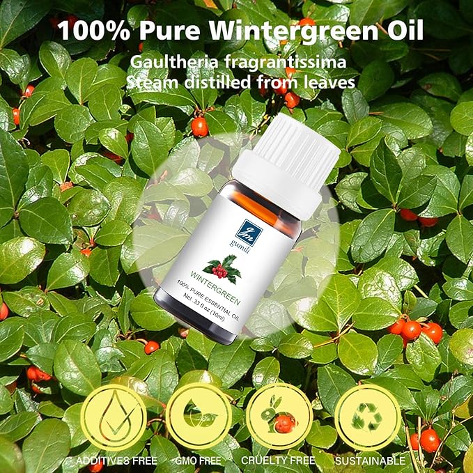 Wintergreen Essential Oil - Pure Organic Wintergreen Oil for Aromatherapy, Diffusers, Spray, Skin & Hair Care, Massage, Cleaning - 10mL