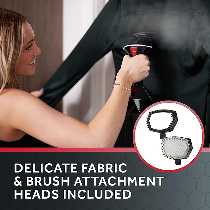 Sunbeam Professional 1575W Handheld Steamer for Clothes, Variable Temperature Control, 25-Second Fast Heat-Up, Bristle Brush, Delicate Fabric Attachment, Black and Red Finish