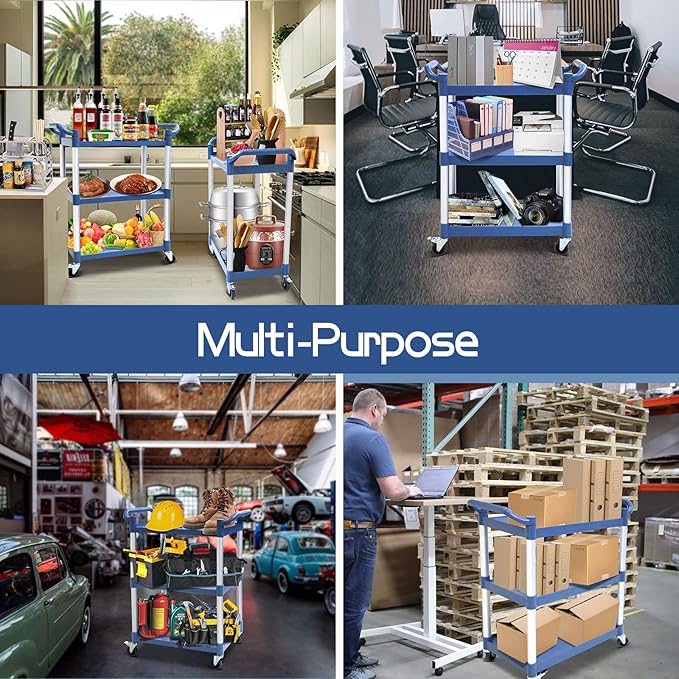 AQNIEGEP Utility Cart with Wheels, 510lbs Heavy-Duty Food Kitchen Cart & Rolling Service Cart for Restaurant Commercial Office, Lockable Wheels & Tool-Free Assembly, 3-Tier, Grey