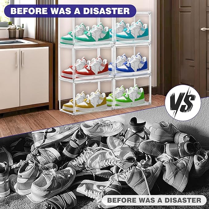 6 Pack Acrylic Clear Shoe Storage Box Stackable Large Sneakers Display Case with Magnetic Door Hat Boxes Shoe Organizer for Closet, Fit up to US Size 13